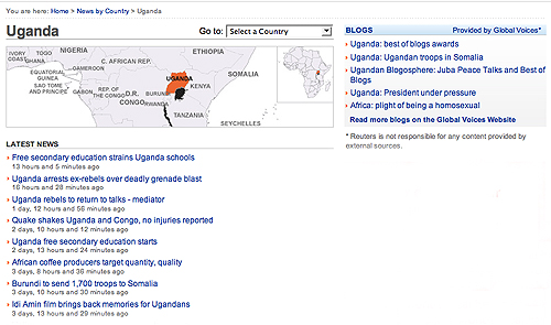 Screenshot of Reuters Africa page on Uganda
